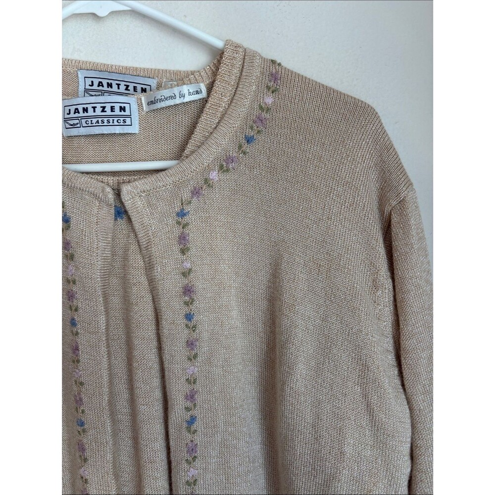 Jantzen Cream Embroidered Cardigan Sweater set knit floral vintage women’s XL
